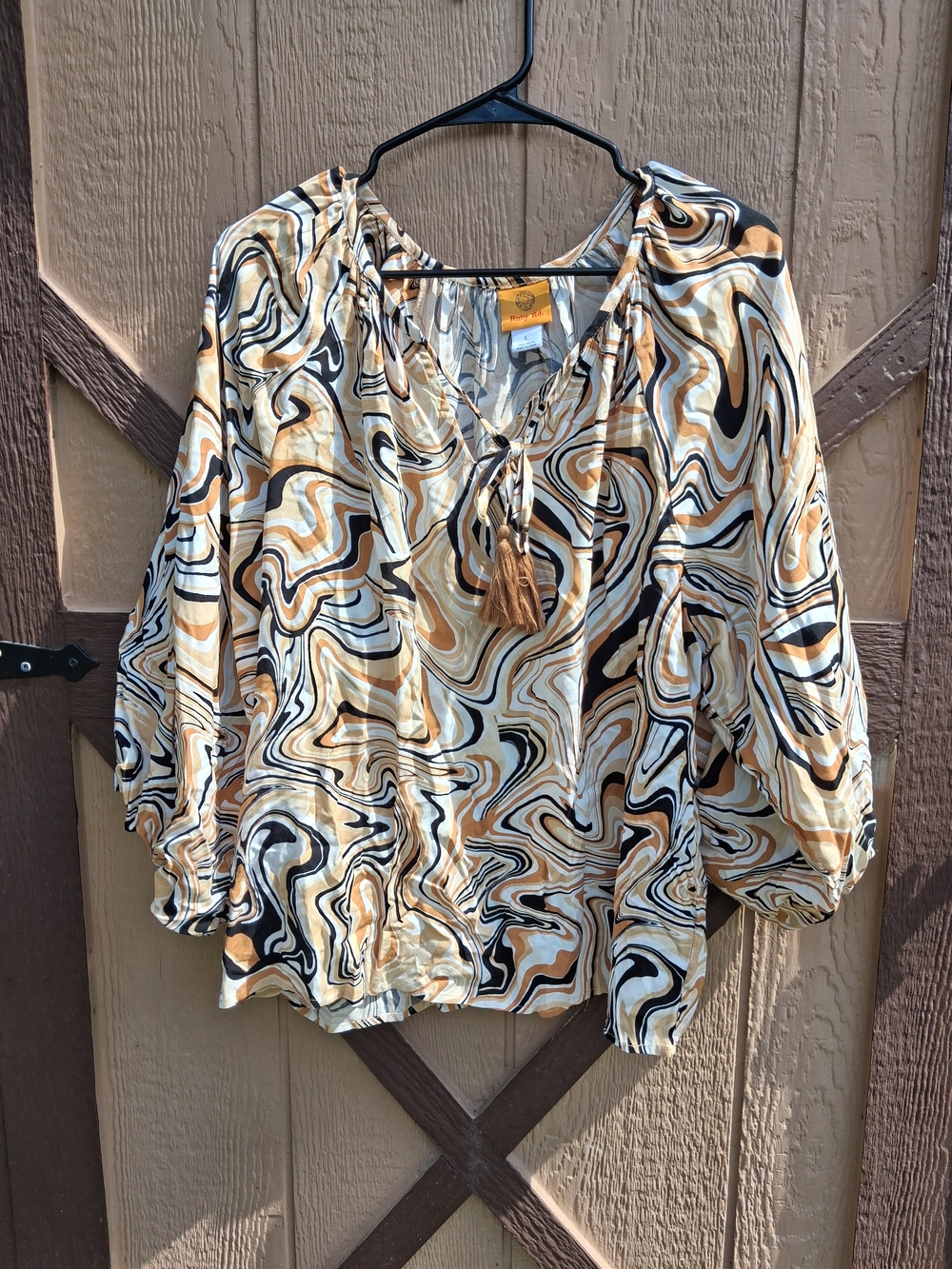 Ruby Rd. Swirl Print Peasant Top in Beige, Black and Cream